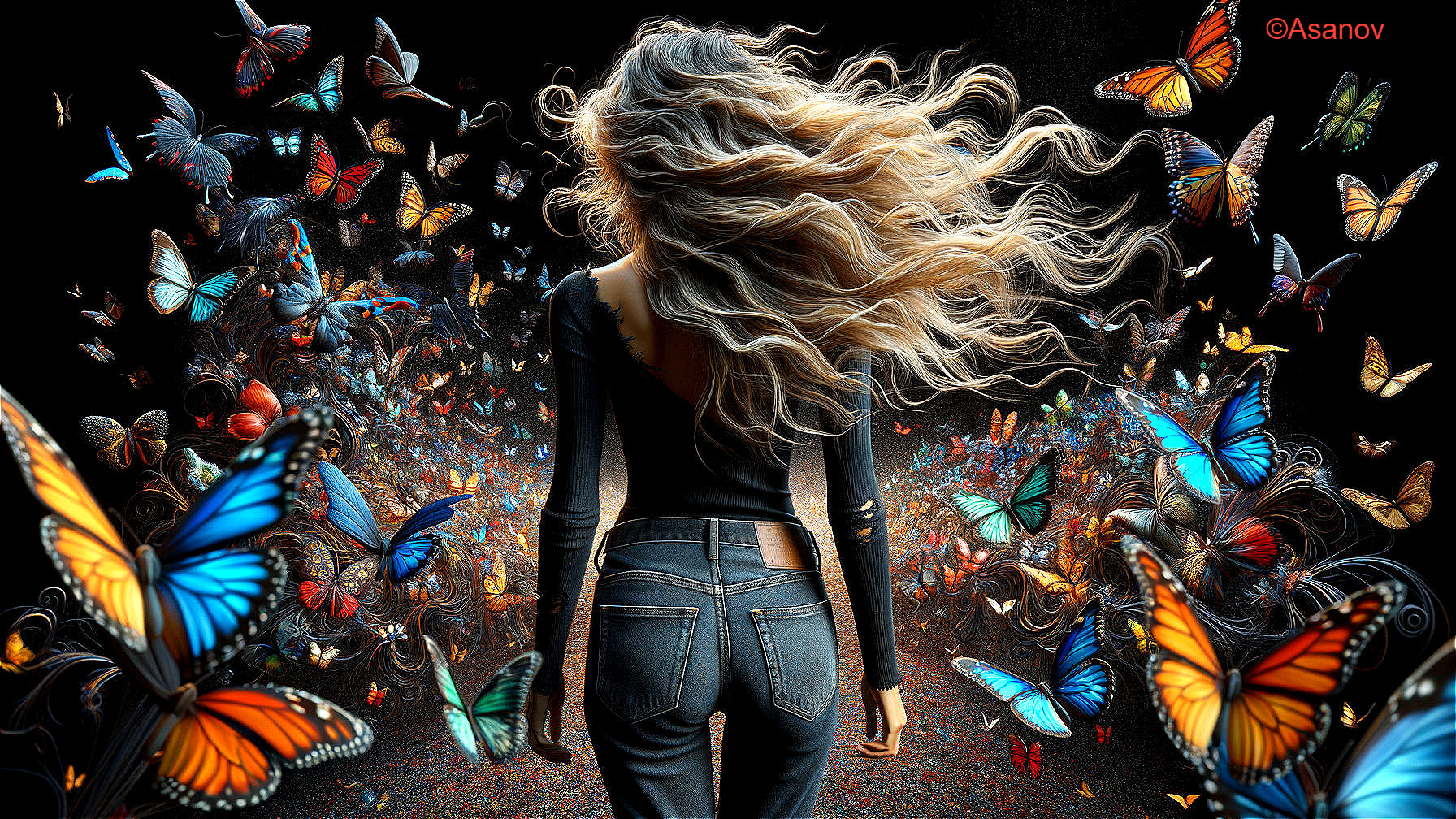 Woman with Butterflies in Dark Background