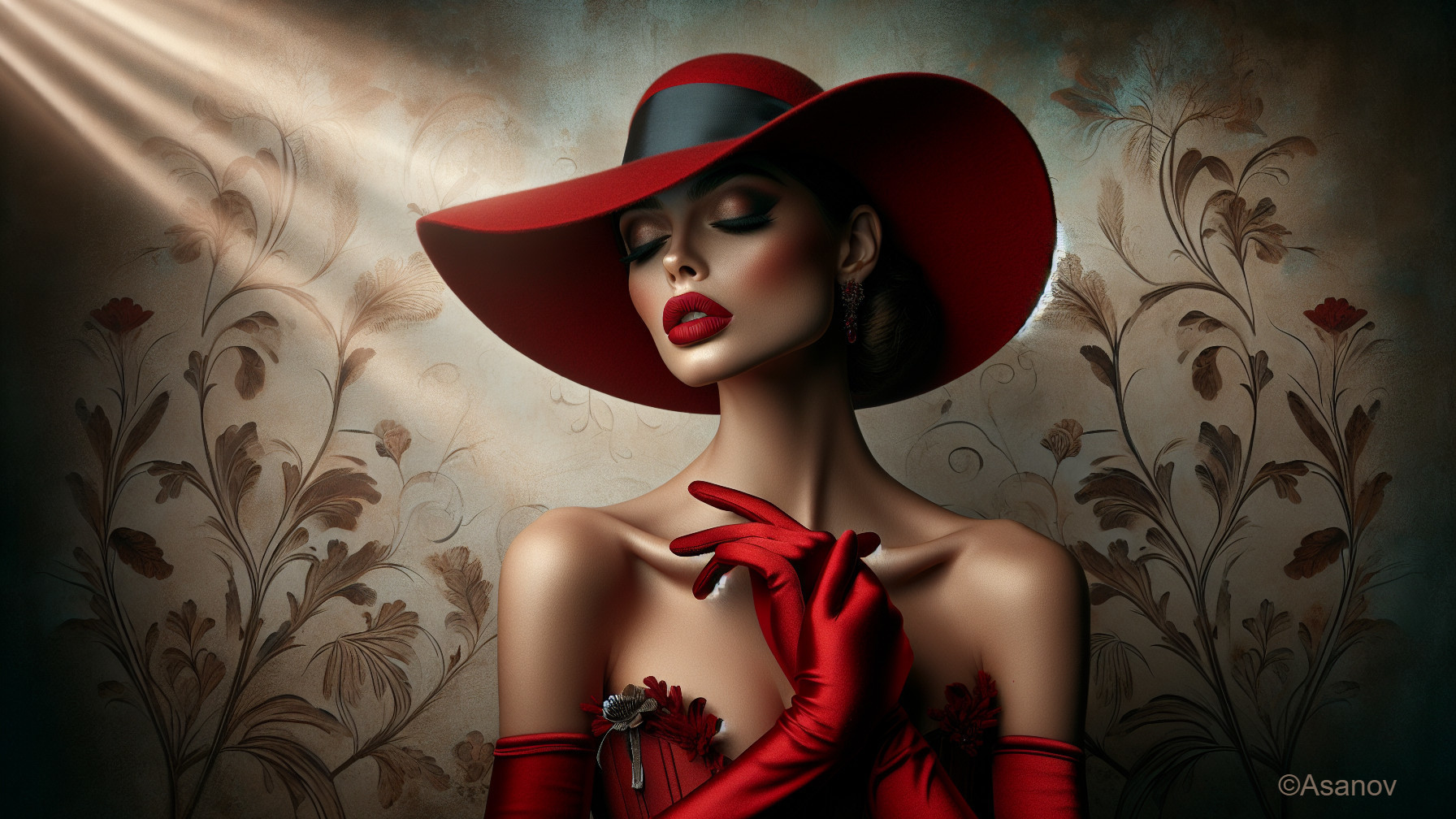 Elegant Woman in Red Hat and Floral Gown