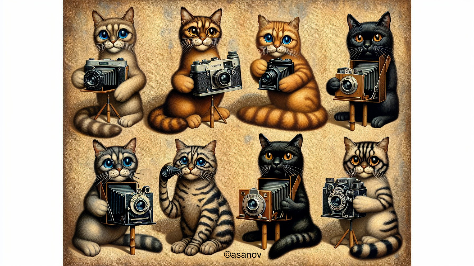Whimsical Illustration of Cats with Vintage Cameras