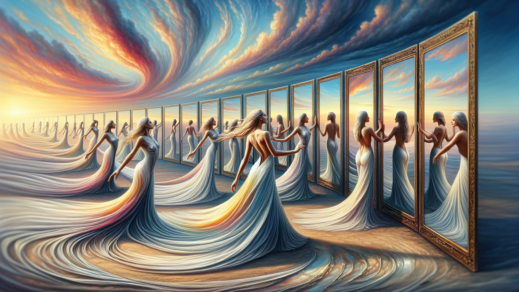 Surreal Landscape with Mirrors and Ethereal Reflections