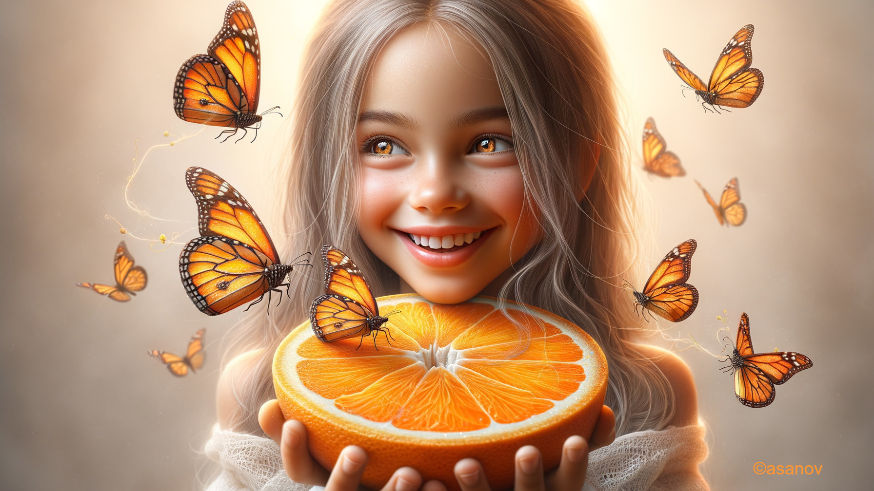 Young girl with orange slice and butterflies in nature