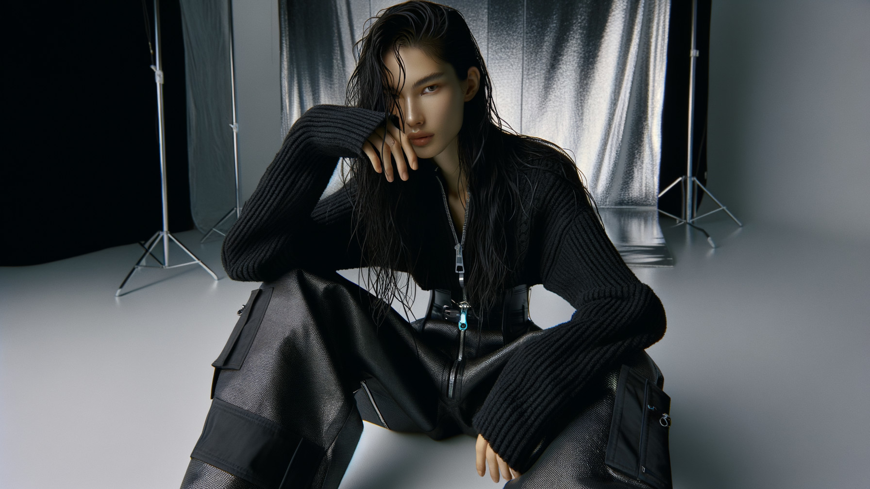 Model in Black Sweater and Trousers with Metallic Backdrop
