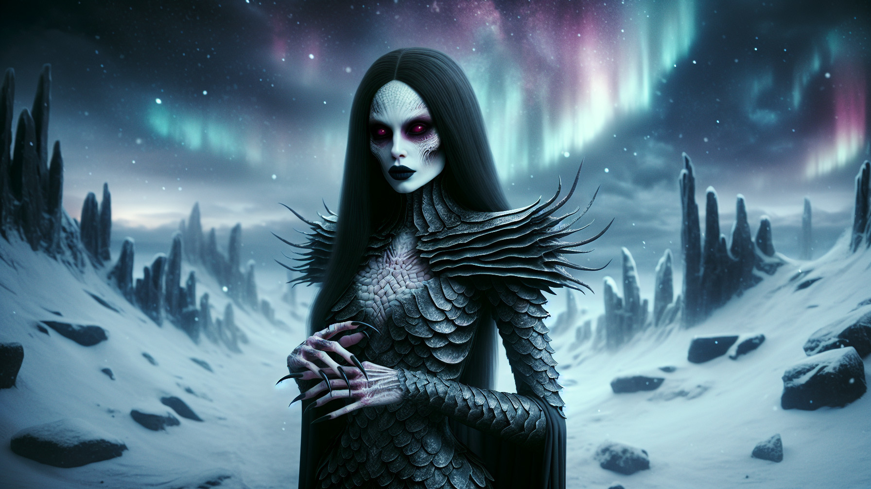 Mystical Figure in Icy Landscape with Aurora Borealis