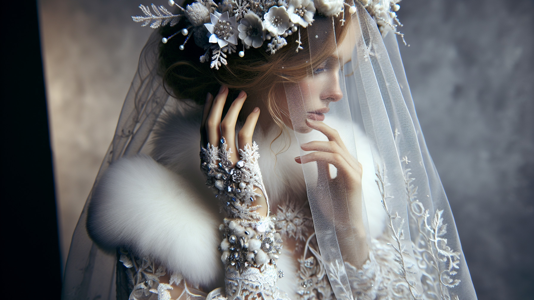 Radiant Bride in Lace Gown with Floral Crown and Veil