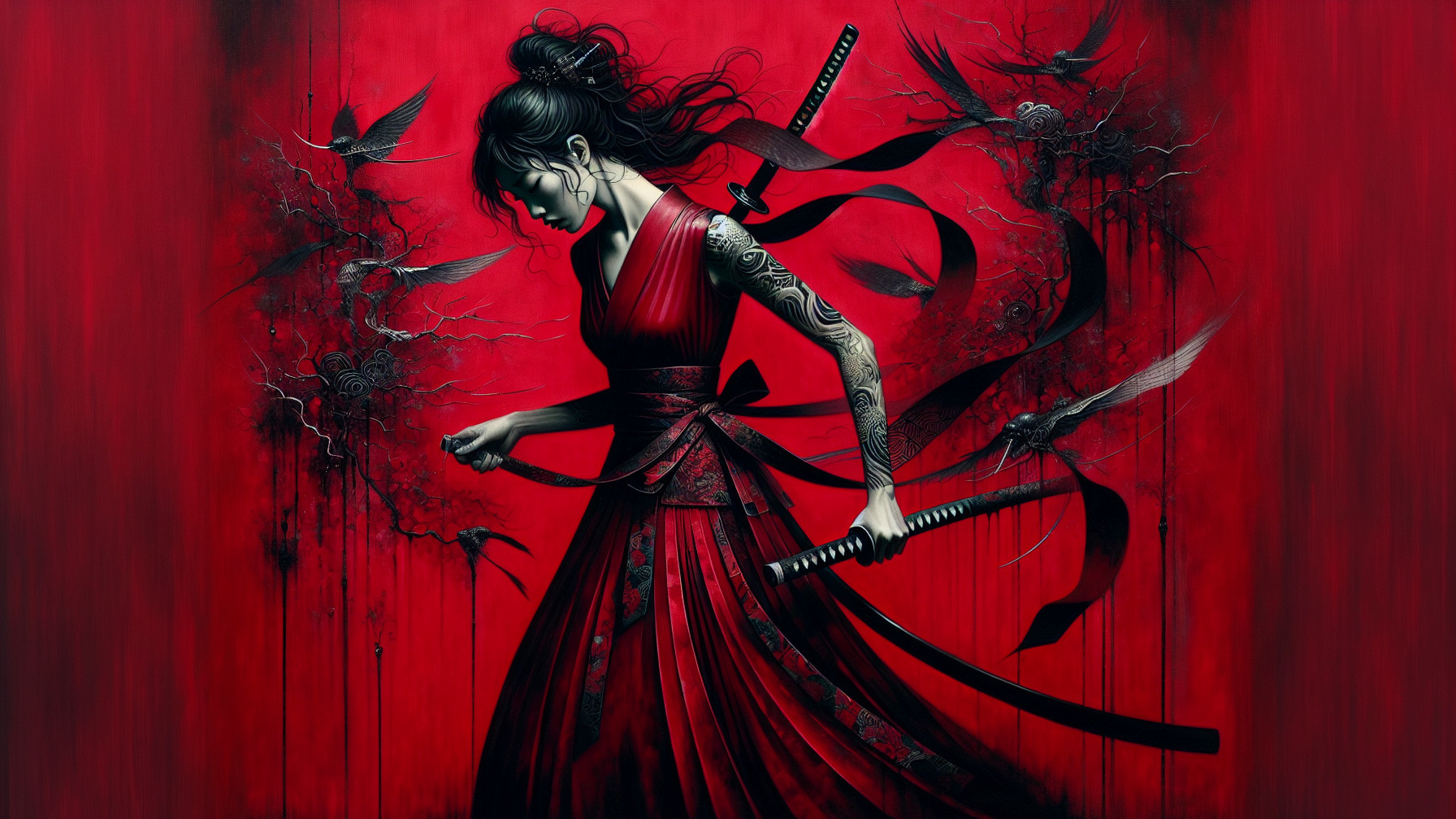 Female warrior in red dress with katana and crows