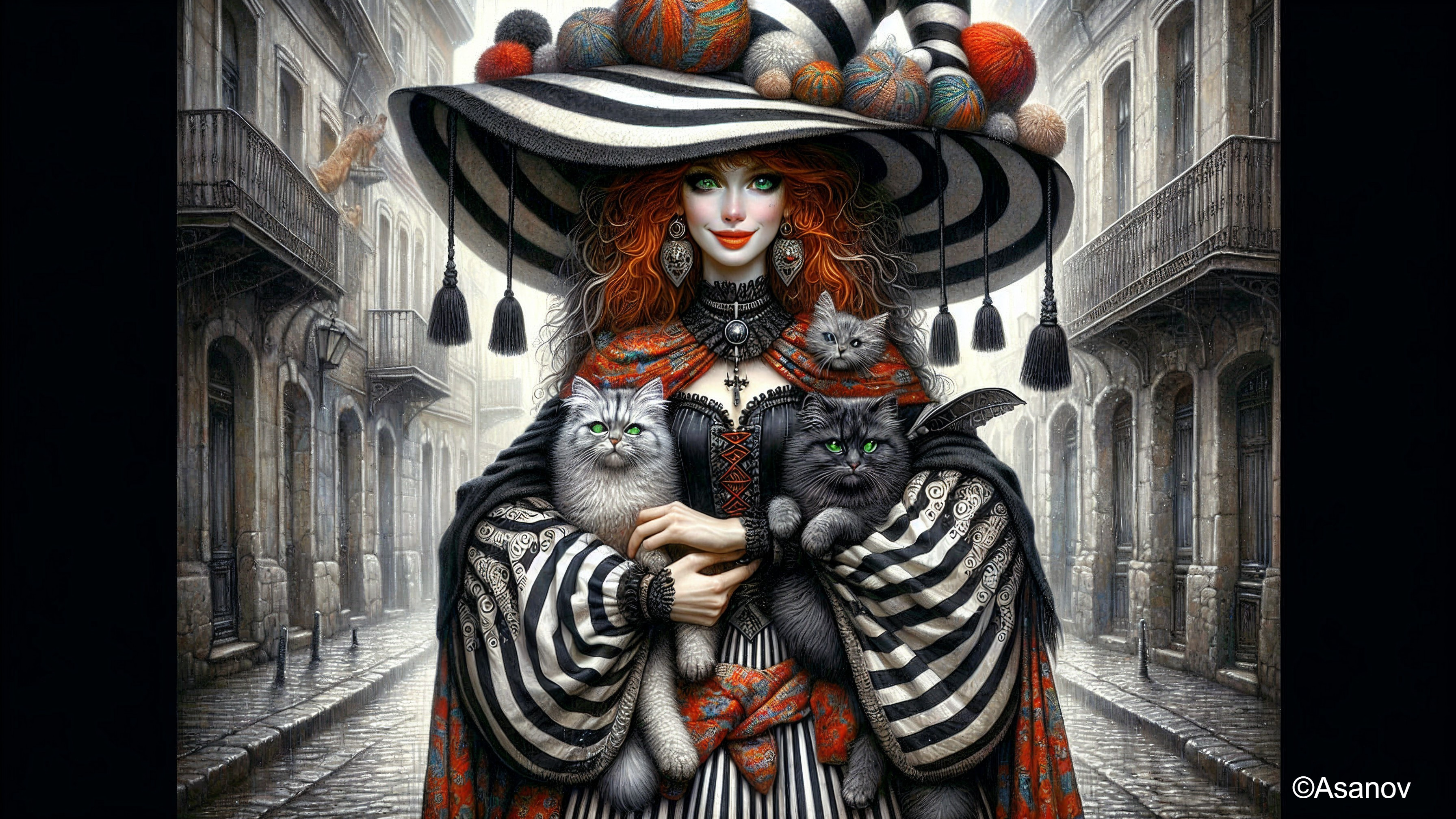 Mysterious Woman in Striped Dress with Cats in Alley