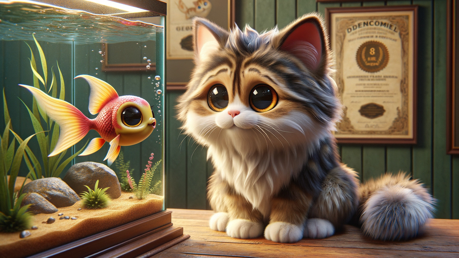 Fluffy Cartoon Cat Beside Playful Goldfish Tank