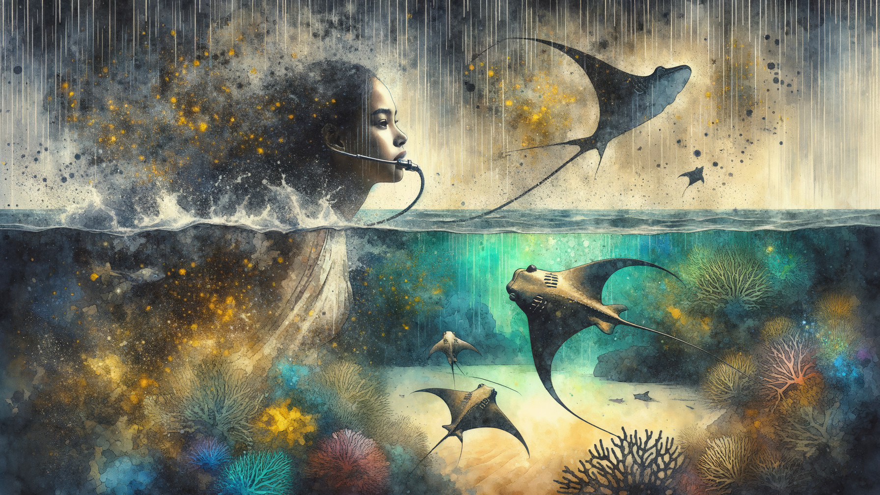 Underwater Scene with Woman, Manta Rays, and Coral