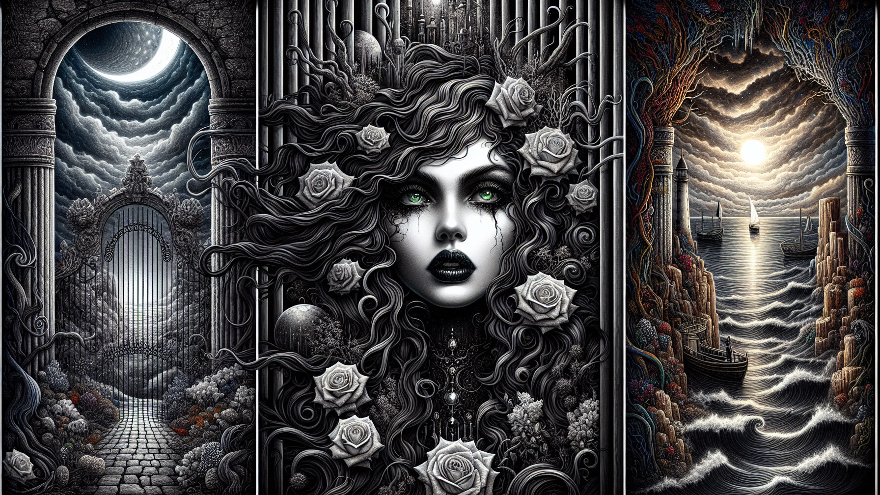 Intricate Black and White Triptych with Diverse Themes