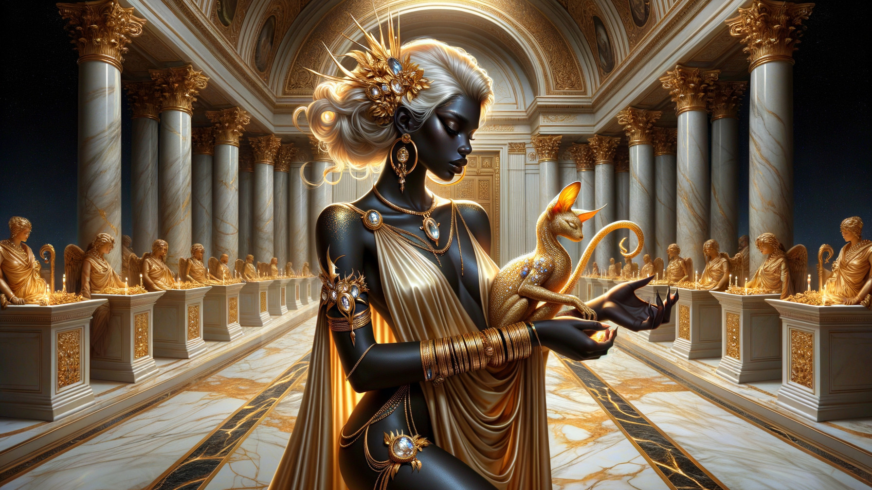 Regal Figure in Opulent Hall with Golden Cat