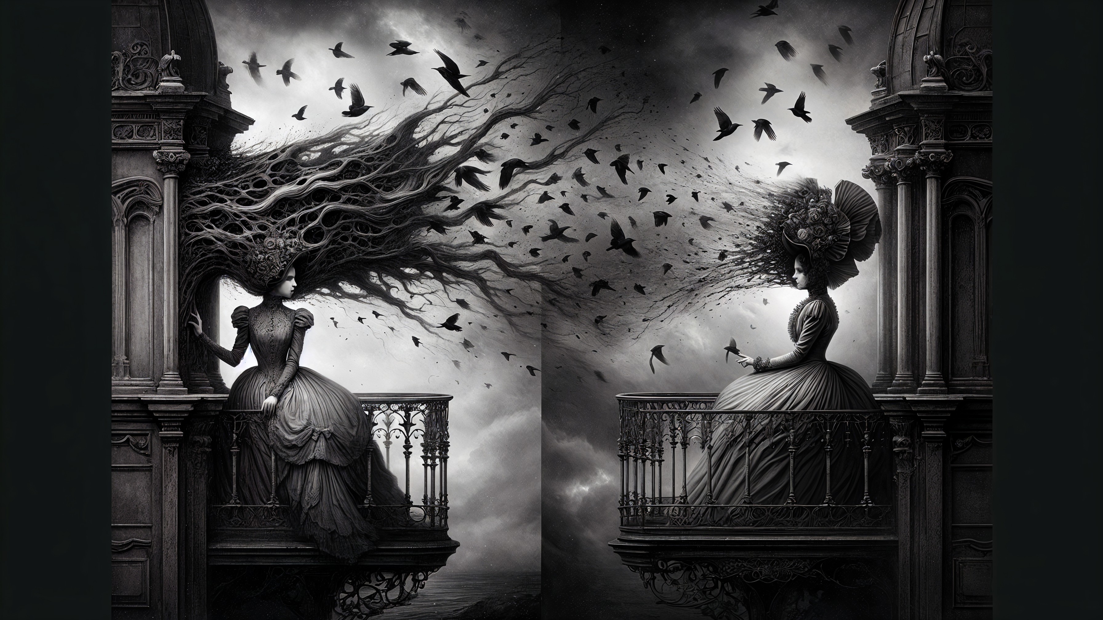 Surreal Scene of Women on Balconies with Birds and Clouds