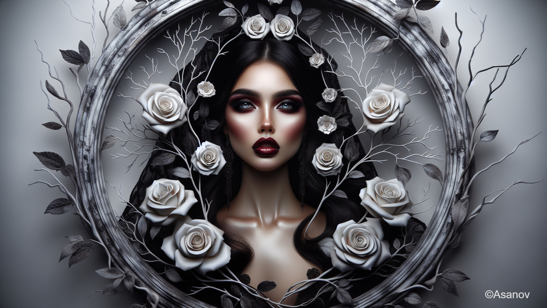 Portrait of a Woman in Ornate Silver Mirror Frame