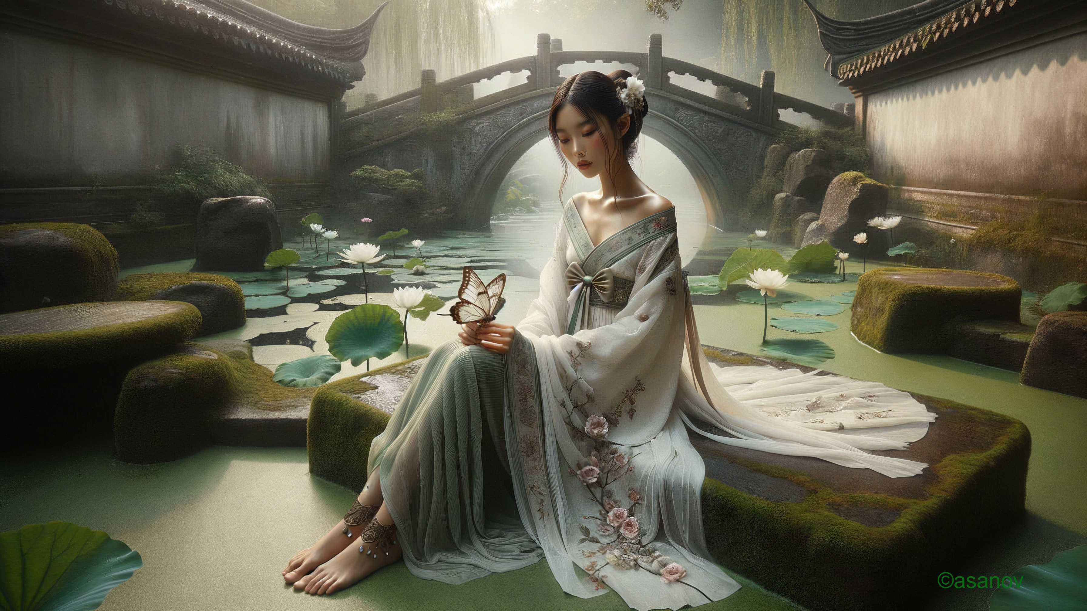 Young Woman by Lotus Pond in Traditional Attire
