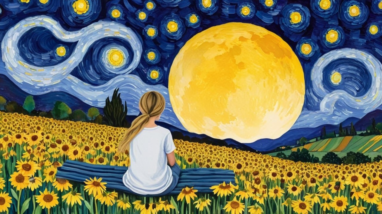 Girl in Sunflower Field Under Moon and Stars