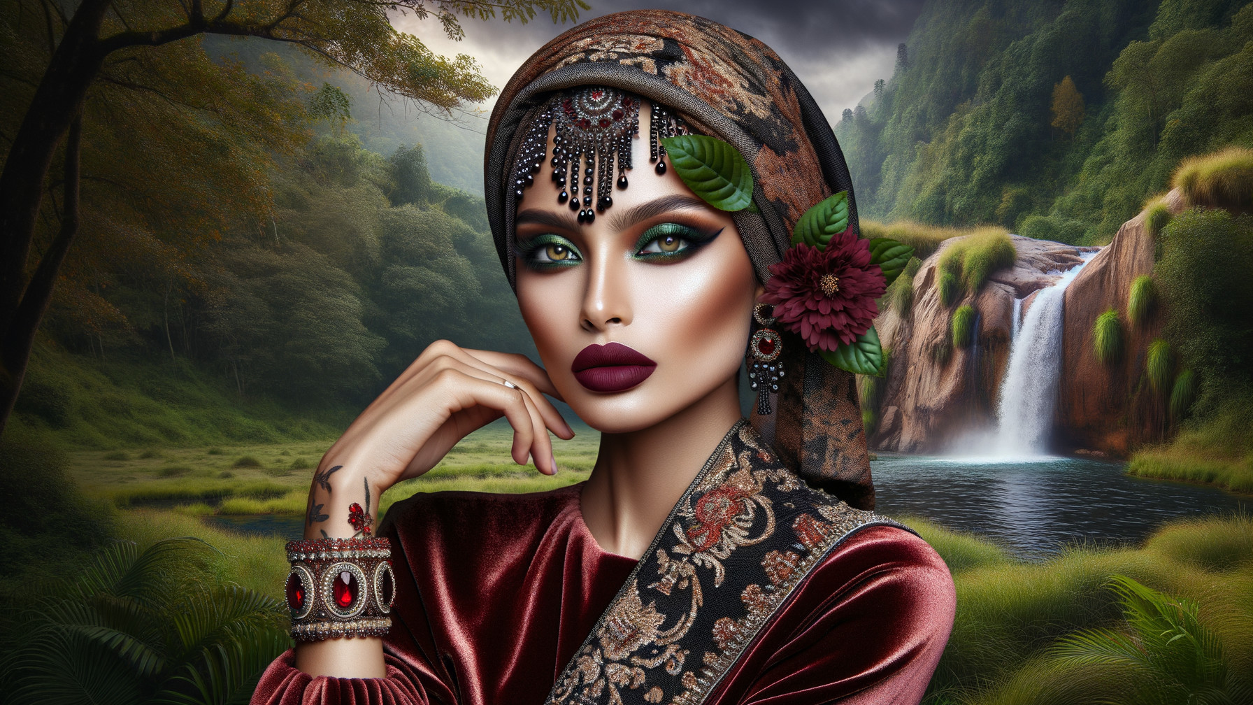 Elegant Woman in Lush Landscape with Waterfall