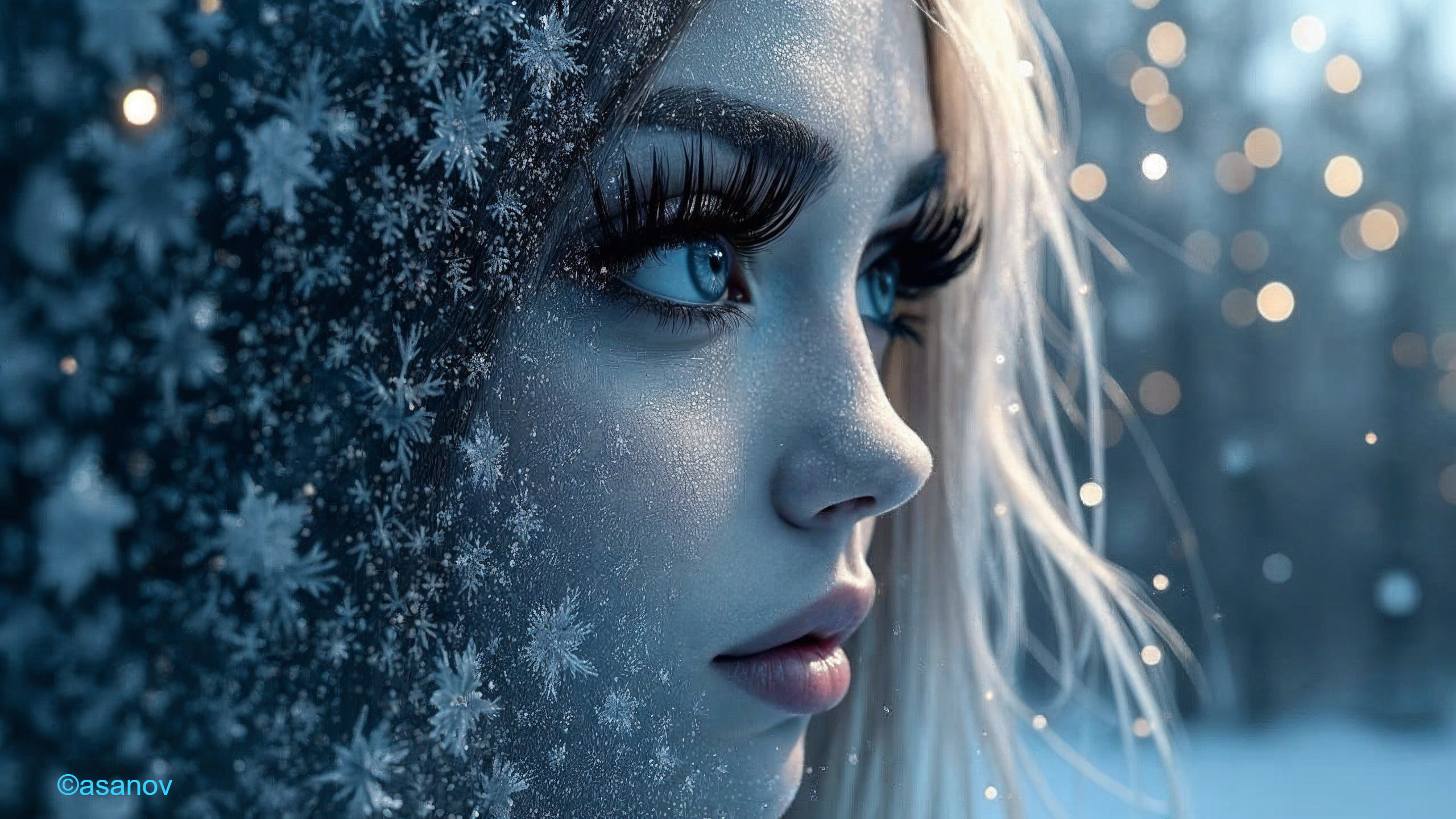 Close-up of a woman's profile in a snowy setting