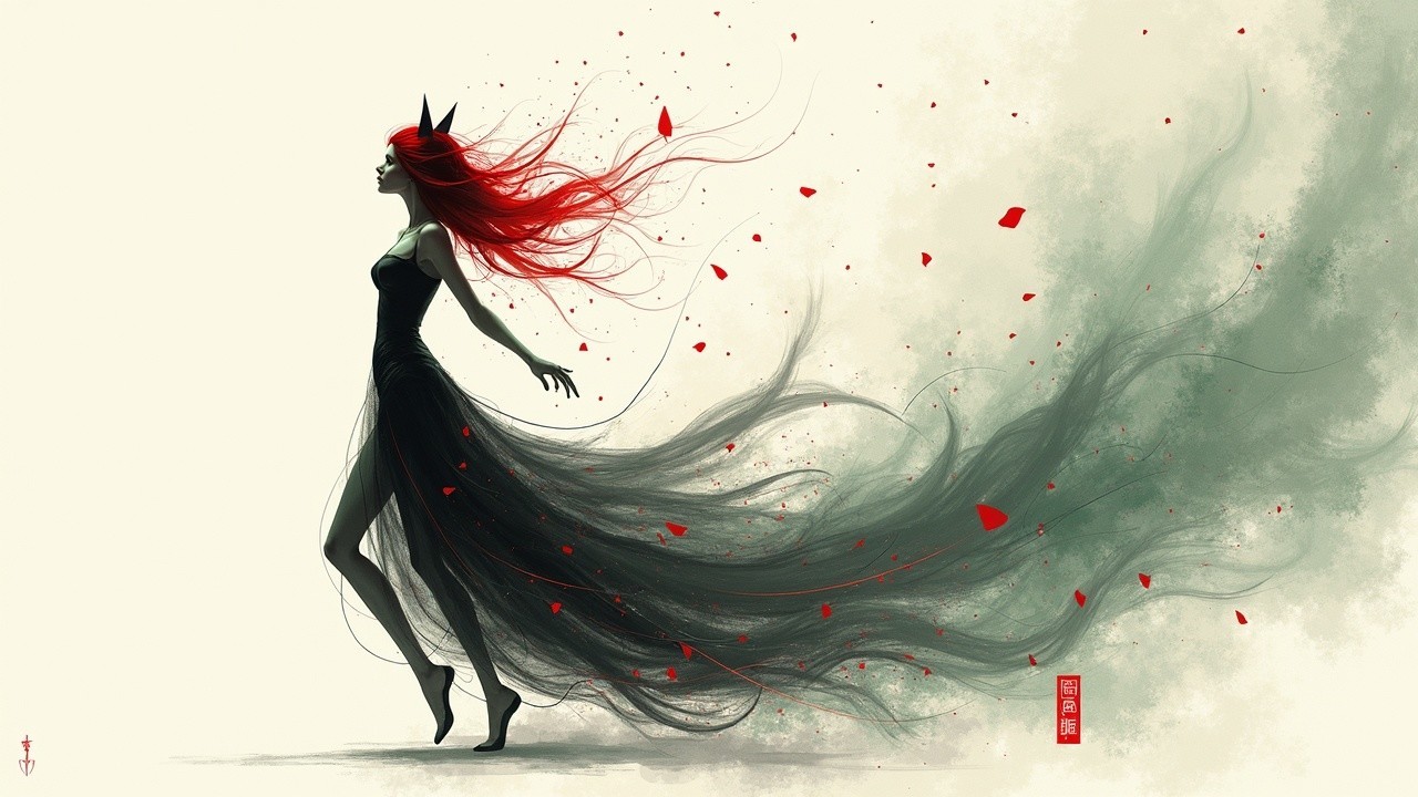 Silhouette of Woman in Black Dress with Red Hair