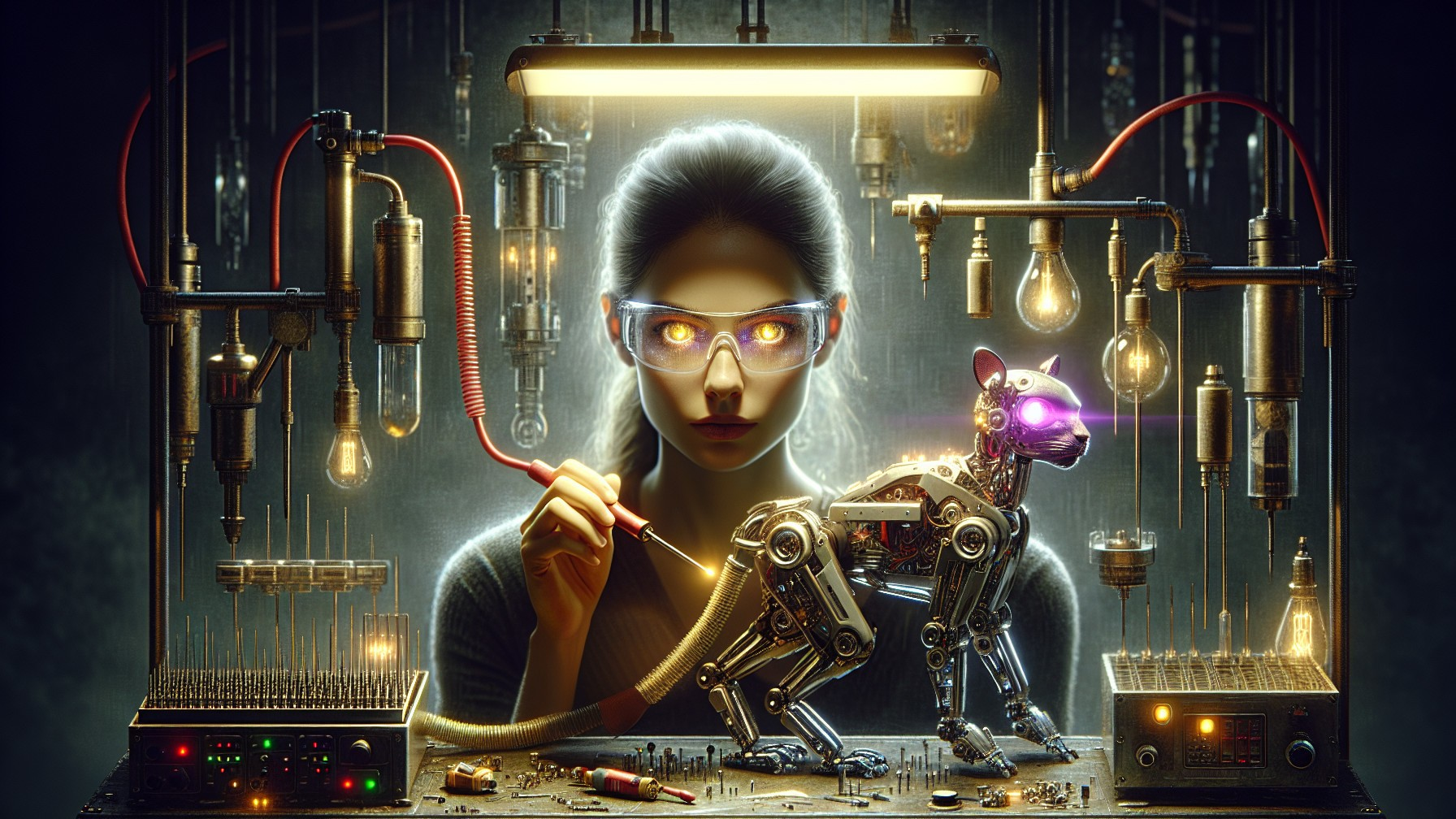 Young Woman Assembling a Robotic Cat in Workshop