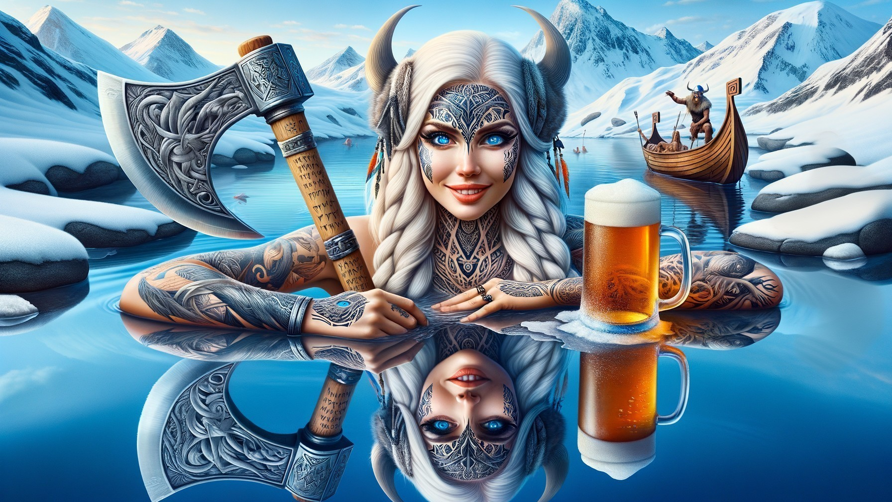 Warrior Woman by Frozen Lake in Winter Landscape