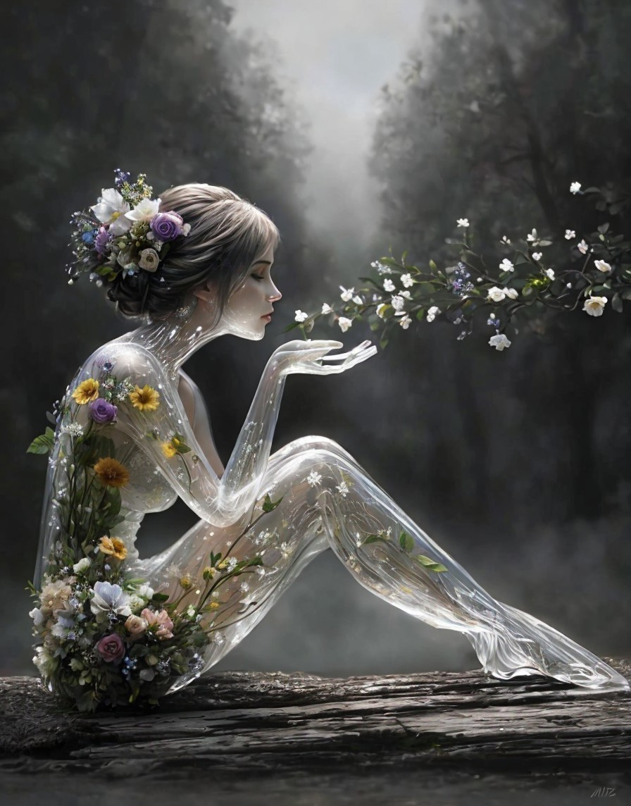 Translucent Woman in Misty Forest with Flowers