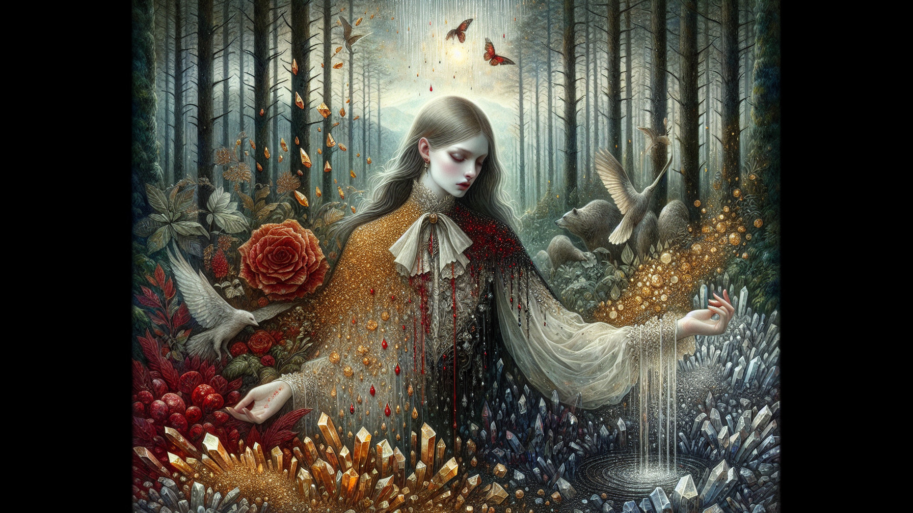 Serene Figure in Mystical Forest with Crystals and Flowers