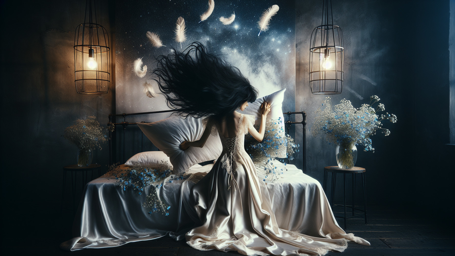 Dreamlike Bedroom with Feathers and Celestial Mural