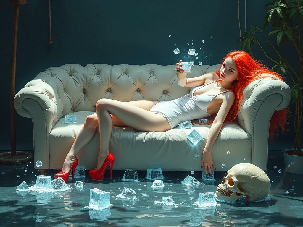 Woman with Red Hair on White Couch in Edgy Setting