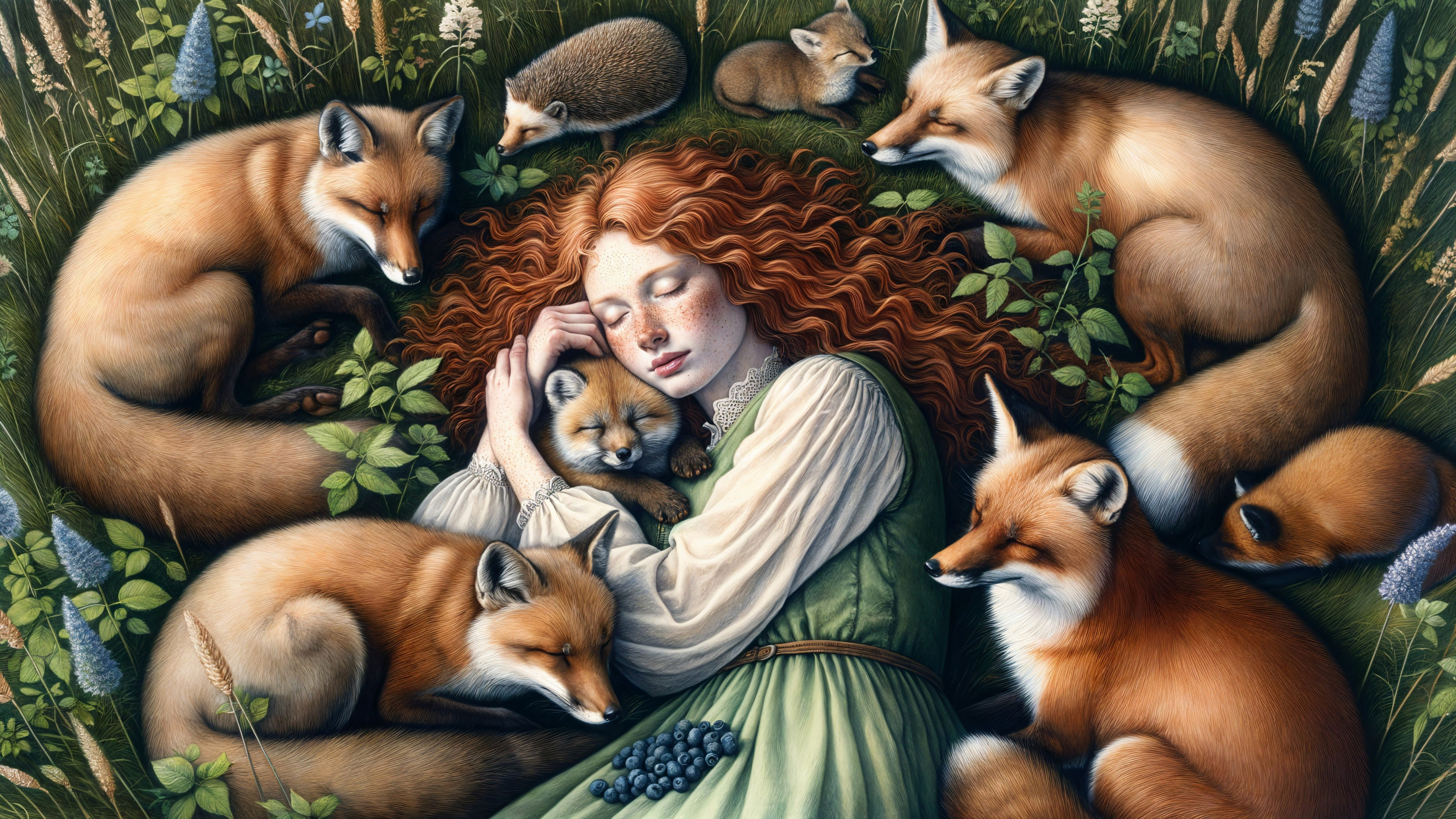 Girl Sleeping Peacefully Surrounded by Foxes in Nature