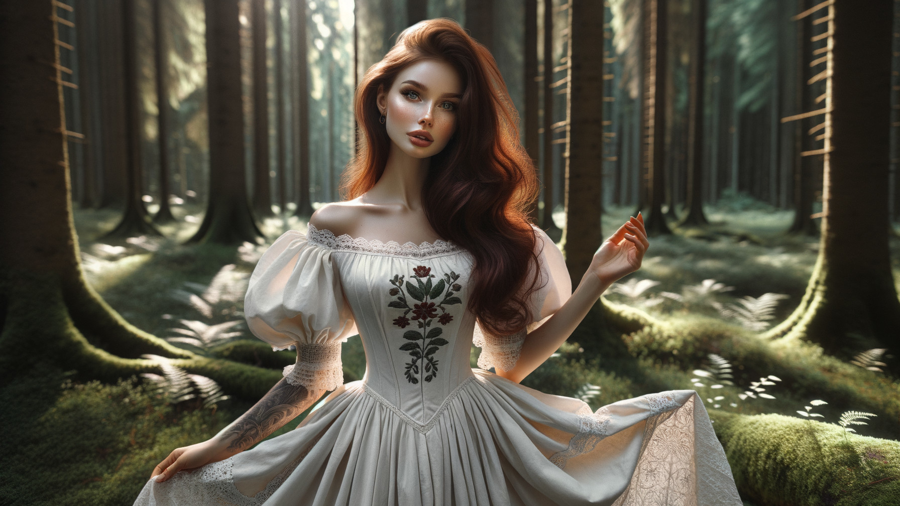 Elegant woman in vintage dress in sunlit forest
