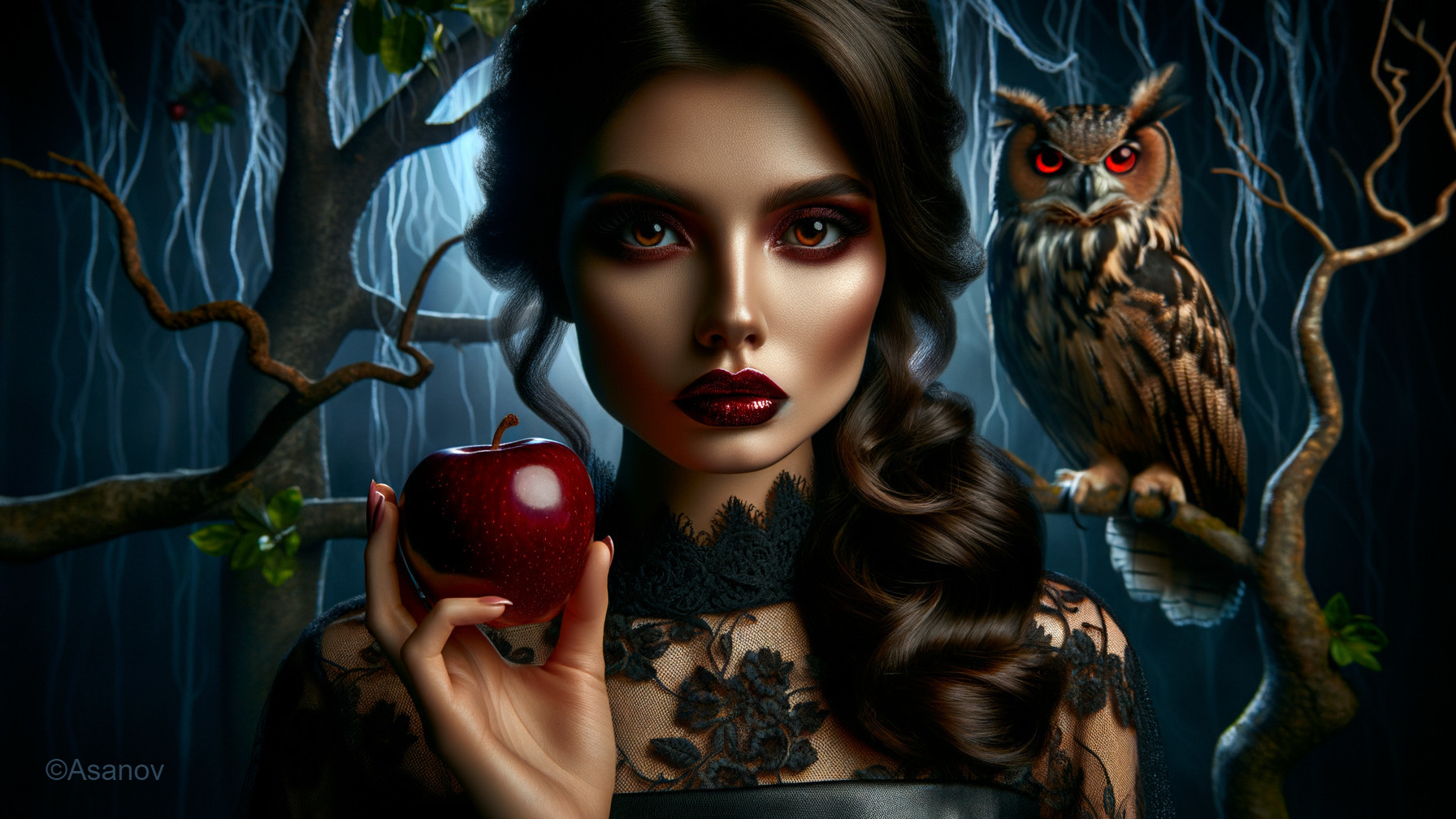 Mystical Forest Scene with Woman and Owl