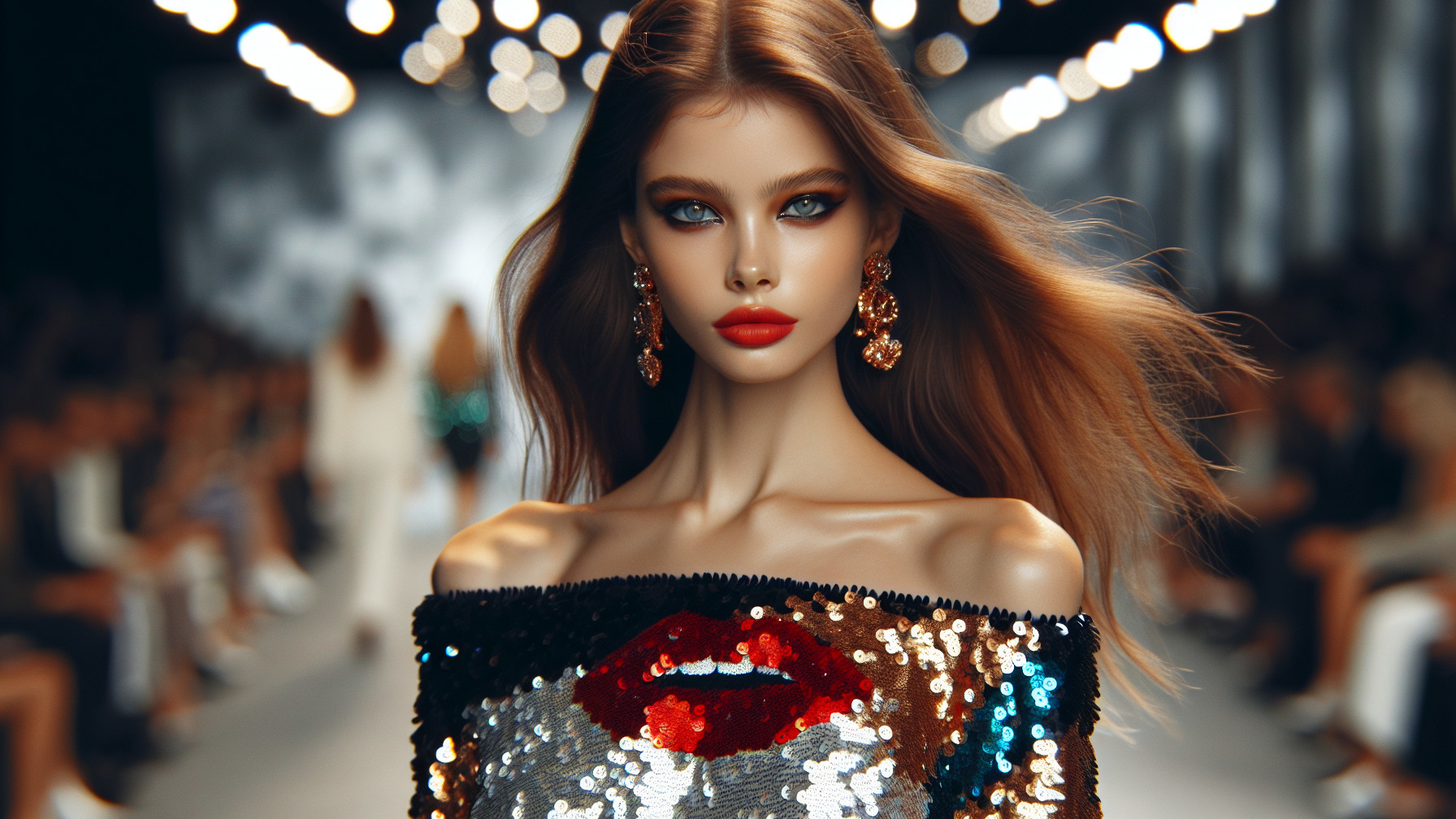 Model in sequined dress with bold lip design on runway