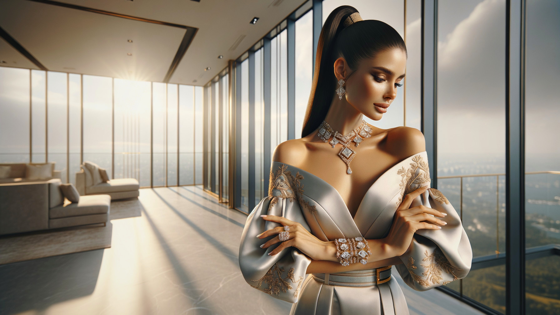 Elegant Woman in Silver Gown with City View