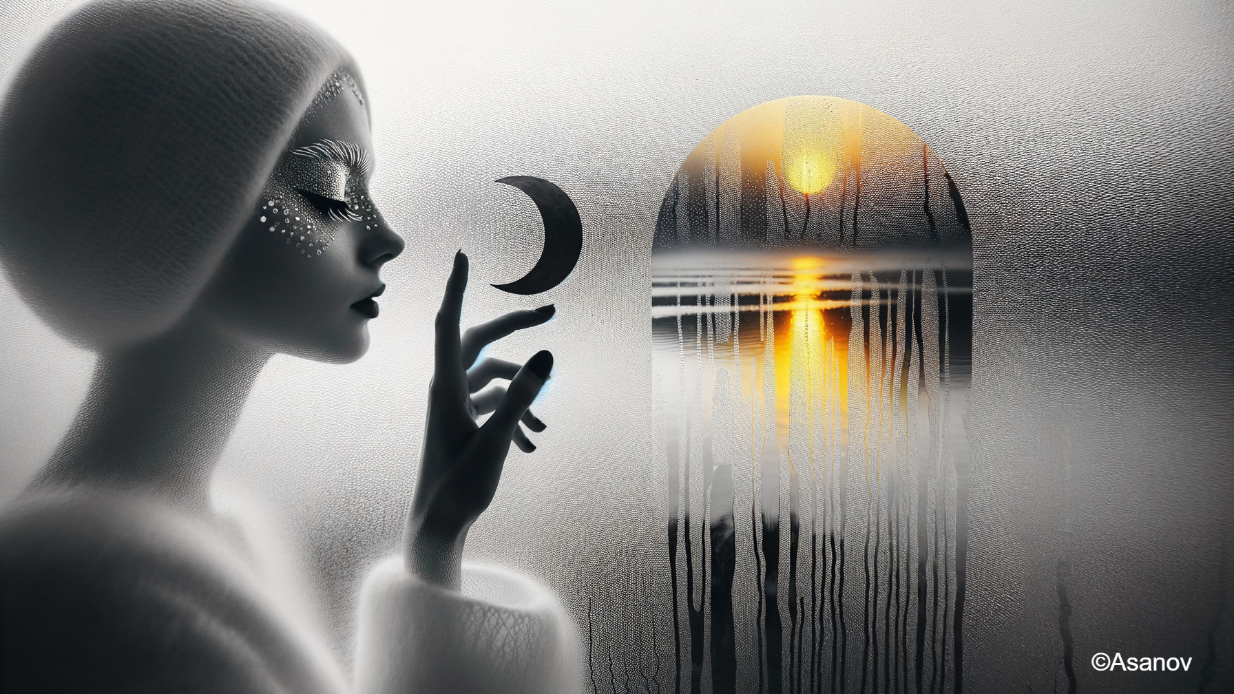 Serene figure in white with nighttime motifs and sunset