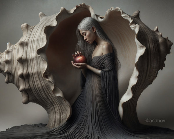 Mystical figure in seashell with red apple and gown