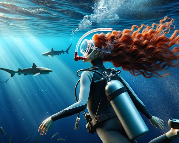 Diver with Red Hair Explores Underwater Scene with Sharks