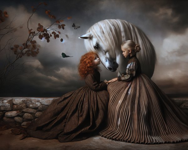 Girls in Vintage Dresses with a White Horse Under Clouds