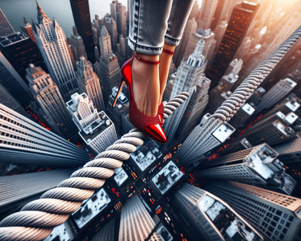 Red High-Heeled Shoe on Tightrope Over Cityscape