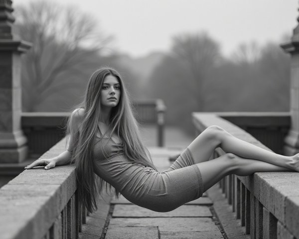 Young woman in fitted dress on stone railing, black and white