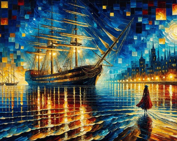 Vibrant Night Seascape with Sailing Ship and Shoreline