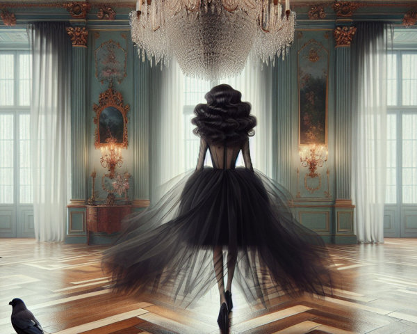 Elegant Room with Black Gown and Chandelier