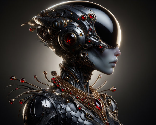 Futuristic Robotic Figure with Metallic Design and Gems