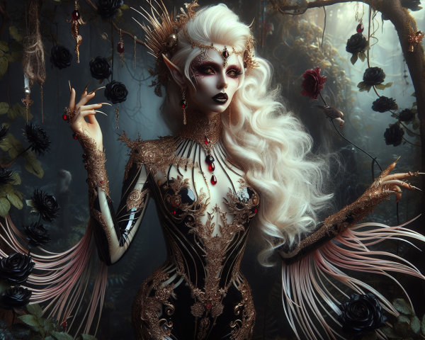 Ethereal Elf Woman in Mystical Forest Setting
