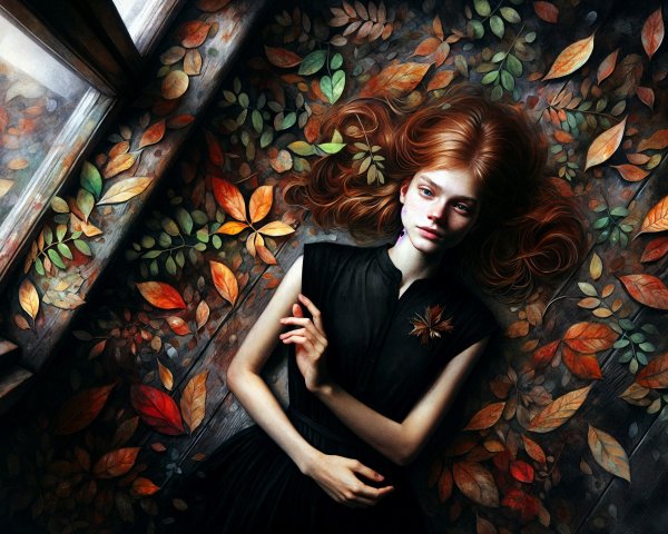 Young Girl with Red Hair Among Autumn Leaves