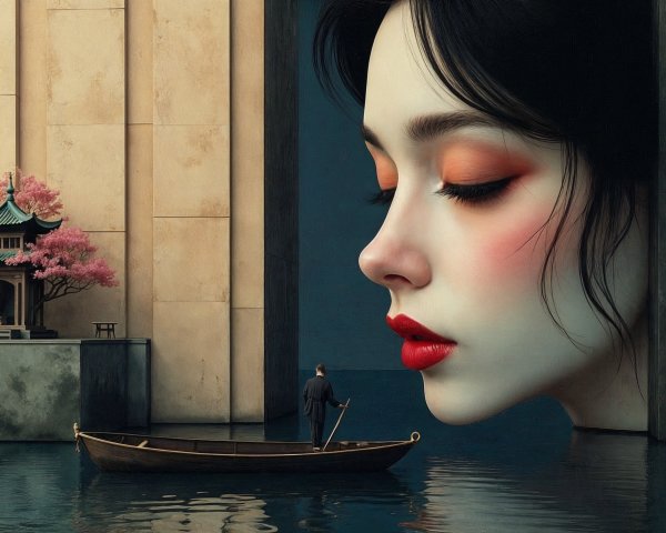 Profile of a Woman with Pagoda and Cherry Blossoms