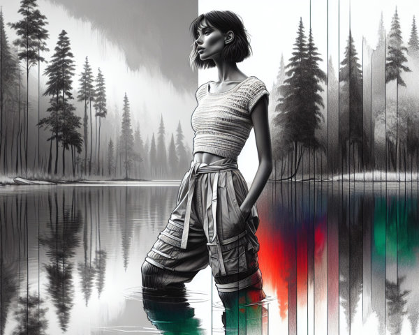 Young Woman in Black-and-White Landscape Reflection