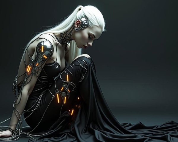 Futuristic Figure in Black Dress with Cybernetic Enhancements