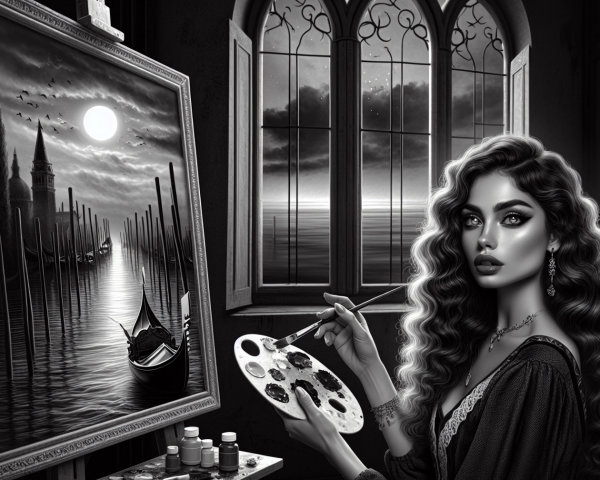 Grayscale Scene of Woman Painting Moonlit Gondola View