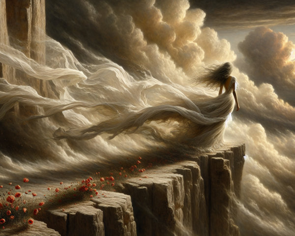 Ethereal Figure on Cliff with Dramatic Sky and Poppies