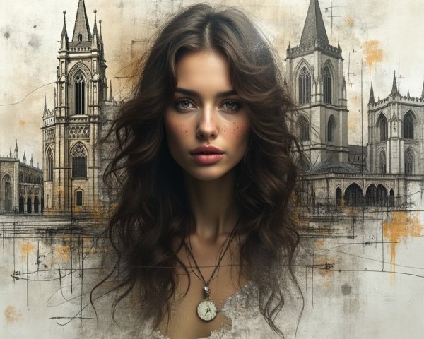 Woman with Wavy Hair in Gothic Architecture Scene