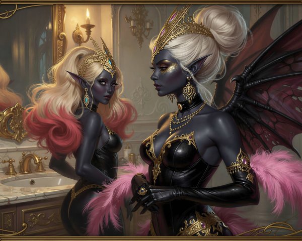 Dark-Skinned Female Elves in Gothic Bathroom Setting